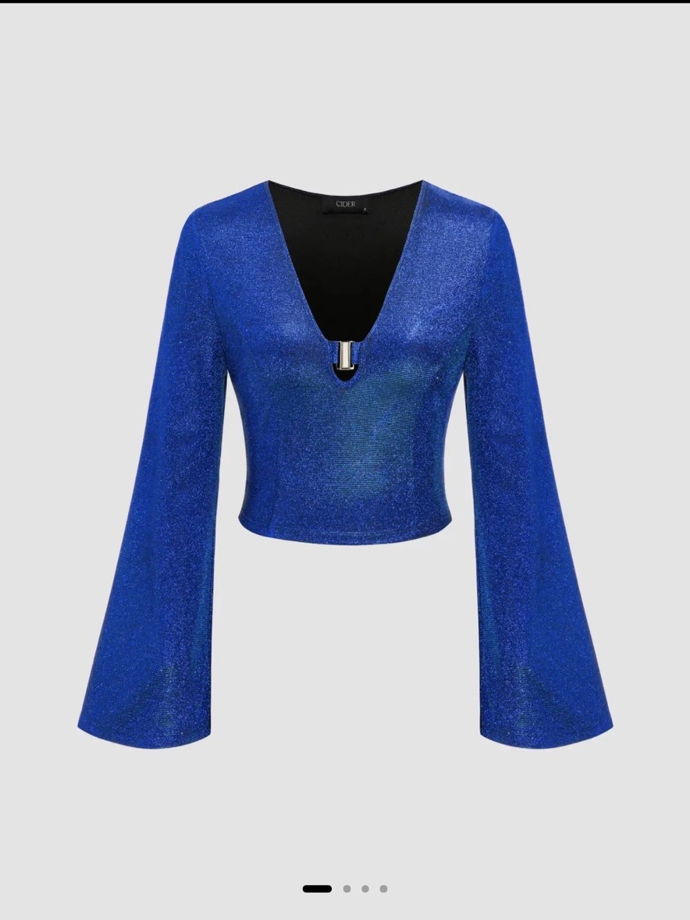 Cider Metallic Royal Blue V-Neck Cropped Top with Flared Sleeves